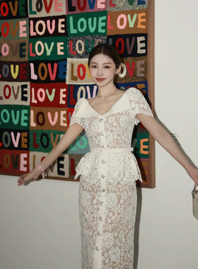 SP原法式高级感白色V领收腰蕾丝假两件套装裙连衣裙2024女装新款