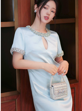 SP原2024秋冬季新款浅蓝色绸缎重工镶钻气质连衣裙女千金名媛短裙