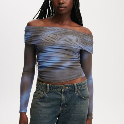 25新款cotton 渐变晕染网纱材质 双层胸布弹力修身露肩长袖上衣