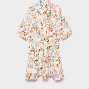 西班牙MNG 轻盈质感纯棉 绳结细节 夏意印花衬衫式连衣裙79美金