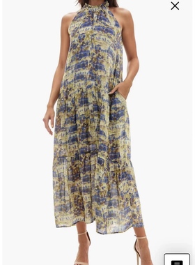 美国socialite 艺术印花背部绑带分层裙摆 无袖挂脖长款连衣裙