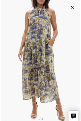 美国socialite 艺术印花背部绑带分层裙摆 无袖挂脖长款连衣裙