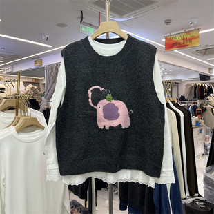 LAIKX韩系圆领小象提花针织毛衣马甲女 蕾丝拼接T恤两件套早春款