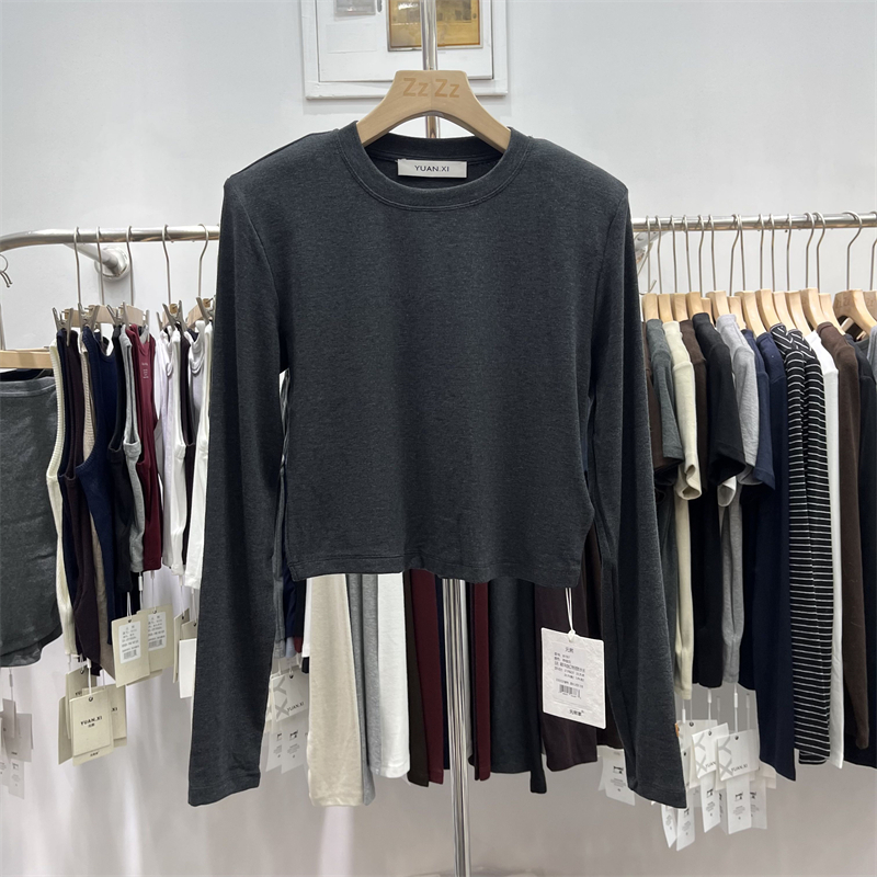 YUANXI元熙8197垫肩贴标短款长袖T恤女高腰设计感显瘦打底衫上衣