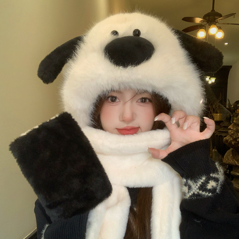 新款可爱小哈狗毛绒绒帽子围巾手套一体帽防寒防风保暖护耳女帽子