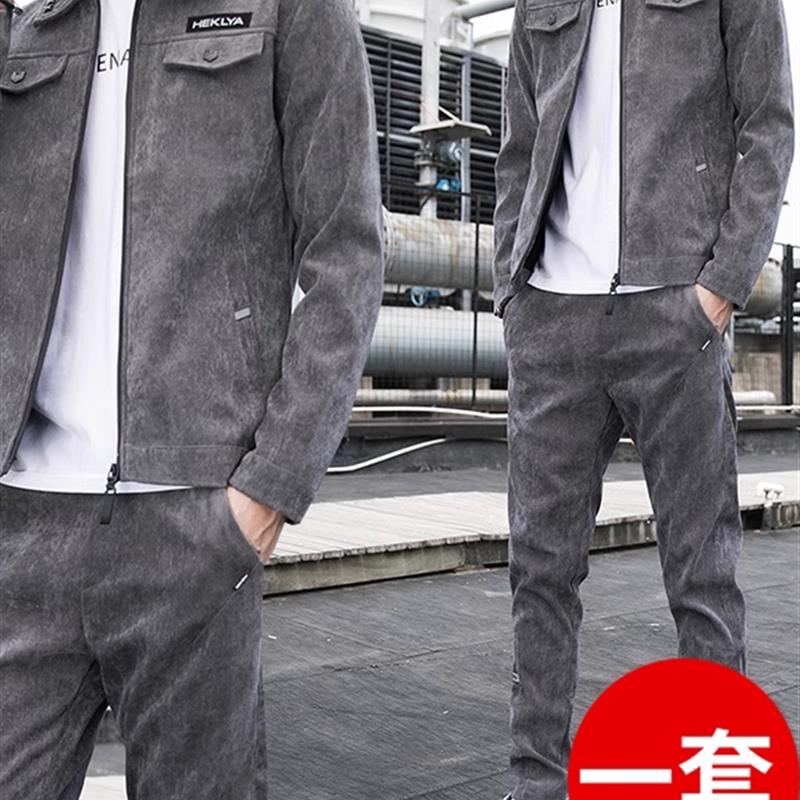 休闲套装男春秋季灯芯绒夹克外套男装两件套搭配帅气成熟男士一套