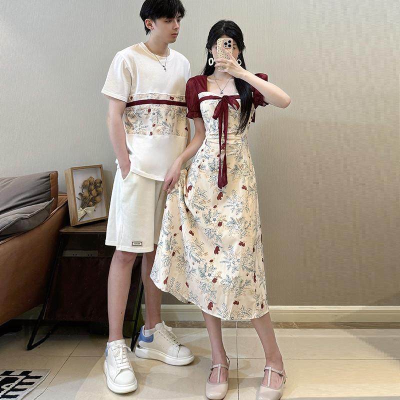 情侣装高级感套装一衣一裙新中式复古碎花拼接方领改良连衣裙小众