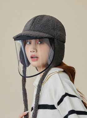 秋冬季女保暖帽百搭护耳羊羔绒飞行帽毛绒棒球帽潮防风面罩鸭舌帽