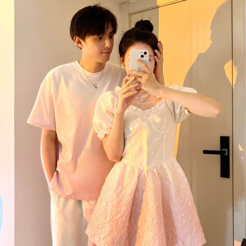 渐变色情侣装夏装ins短袖t恤小众连衣裙高级感套装裙子一裙一衣,男装,T恤,淘宝优惠券,粉丝福利购,淘宝优惠卷