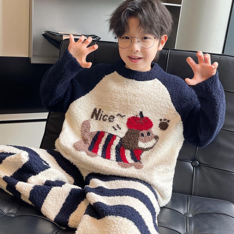 男童冬季珊瑚绒睡衣2025新款中大童秋冬款男孩儿童加绒加厚家居服