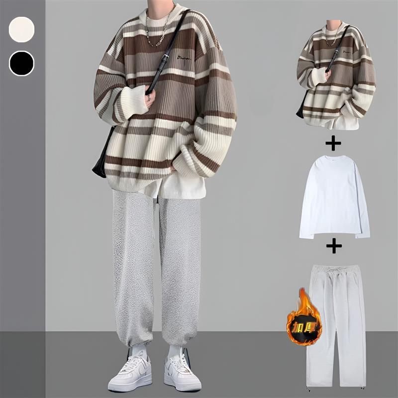 日系慵懒复古高级感条纹秋季新款男装毛衣套装男搭配一套帅气时尚