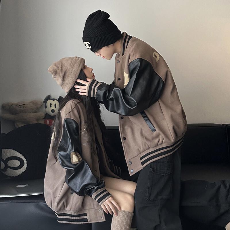 美式高街棒球服情侣装秋冬宽松ins潮牌PU皮拼接休闲百搭夹克外套