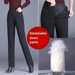 羽绒裤 大尺寸加厚温暖妈妈白鸭绒高腰直 妇女外层穿可拆卸衬里冬季