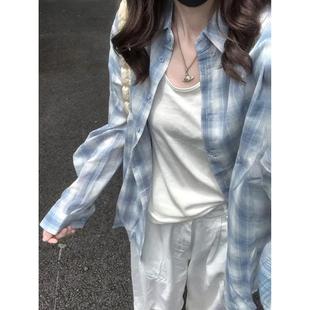 新款 韩系蓝色格纹长袖 夏季 衬衫 慵懒风polo领宽松防晒衬衣外套 女款