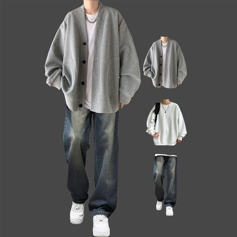 慵懒风华夫格外套春秋季男士宽松cleanfit高级感三件套装一套搭配