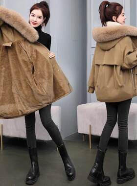 胖MM秋冬加厚连帽大毛领棉衣 2024新款加绒派克服女款
