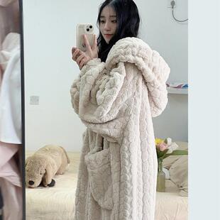 大码连帽珊瑚绒睡衣女款冬季长袍2024年新款睡袍冬天加绒加厚浴袍