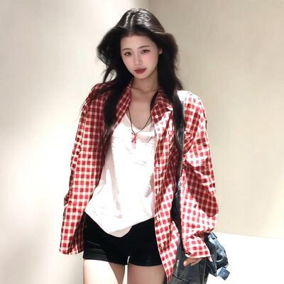 红色格子防晒衬衫女夏季新款美式复古慵懒风宽松休闲薄款衬衣外套