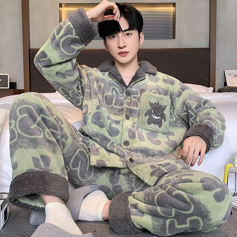 男士睡衣冬季法兰绒珊瑚绒加绒秋冬款大码青少年学生大童男生套装