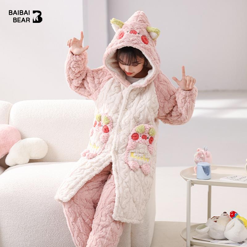 摆摆熊2024新款女童睡衣冬季三层夹棉加绒加厚珊瑚绒女孩家居服