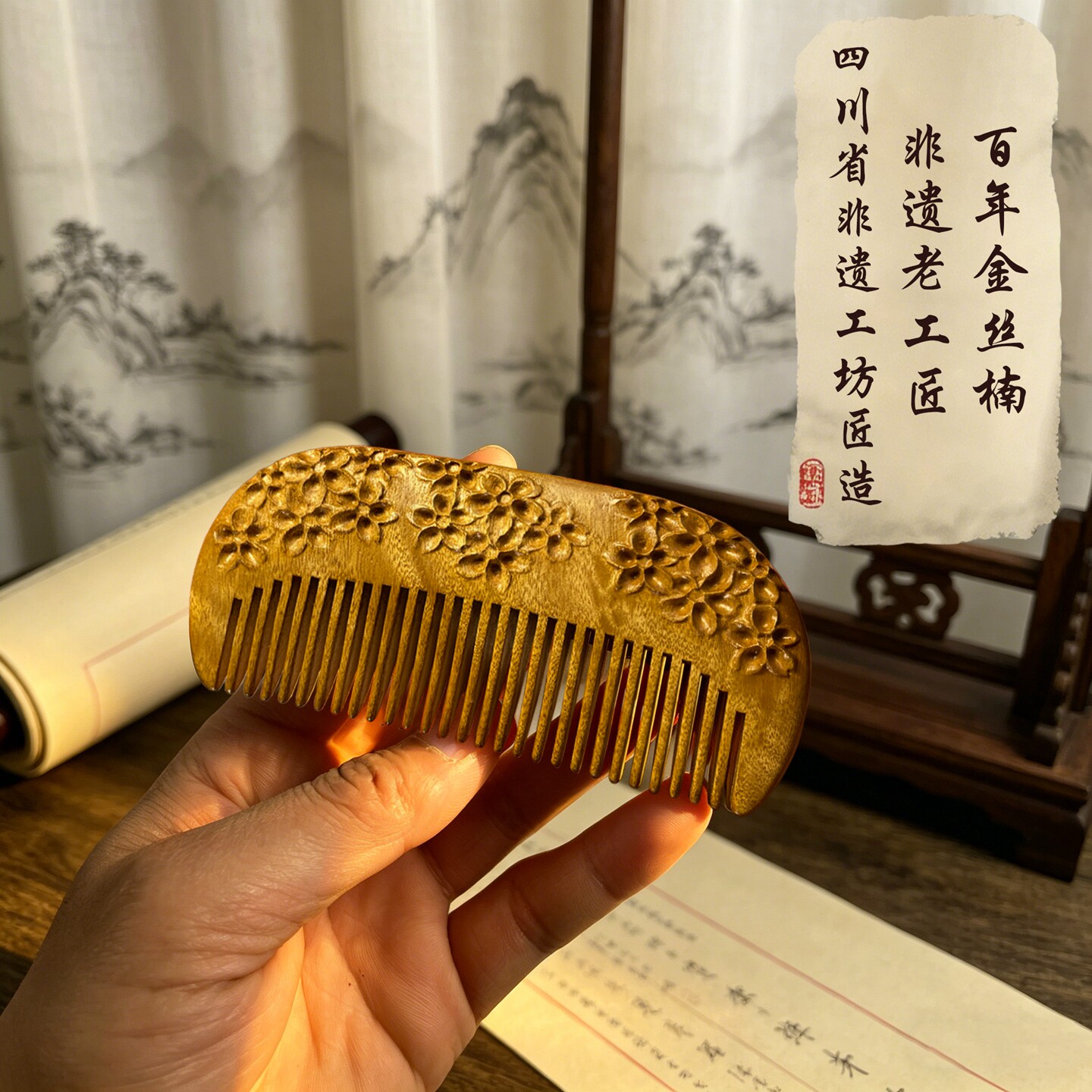 金丝楠木梳子手工雕刻天然原木梳便携按摩经络梳女士非遗送礼礼物
