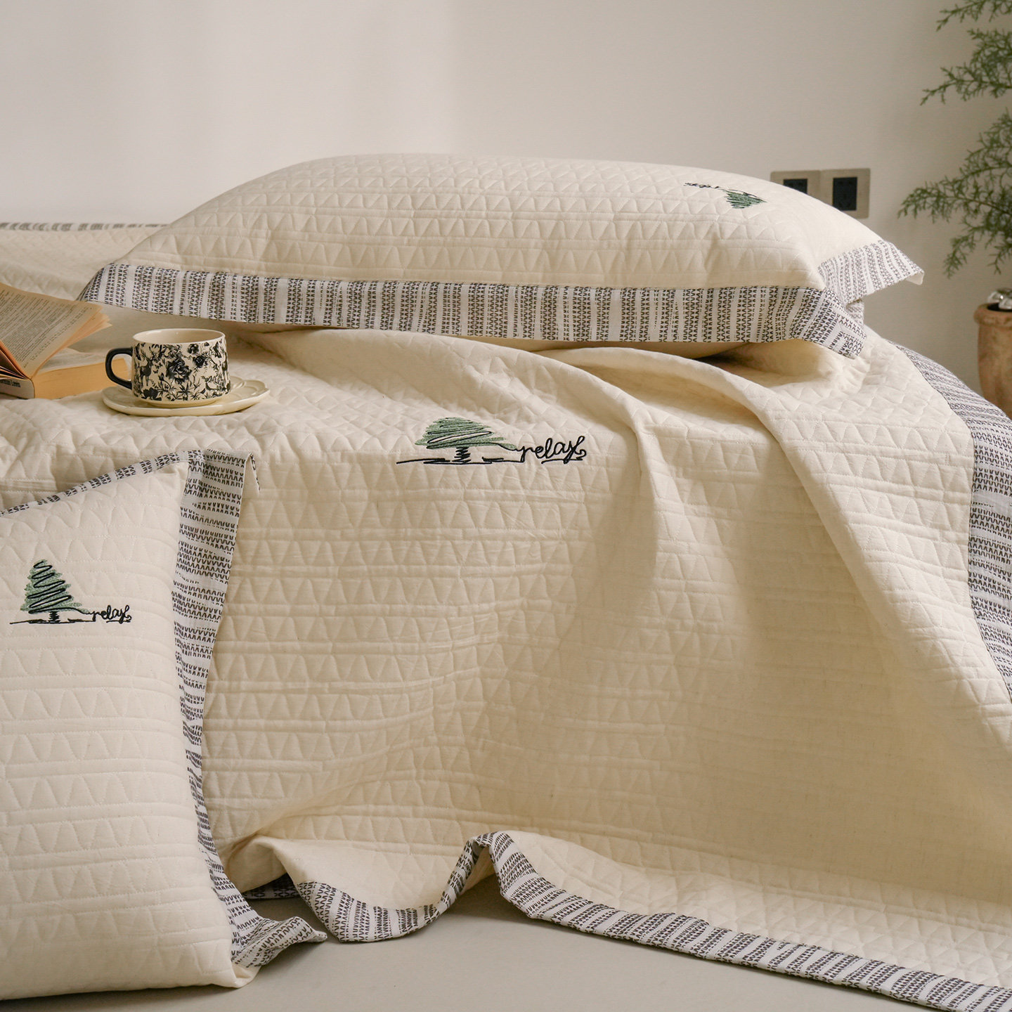 青松一刻丨小清新棉麻床盖三件套不皱不滑绗缝床单榻榻米四季通用,床上用品,床盖,淘宝优惠券,粉丝福利购,淘宝优惠卷