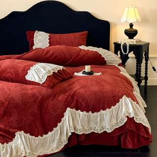 法式蕾丝边冬季牛奶绒四件套床单床盖式喜庆红色雕花被套床上用品