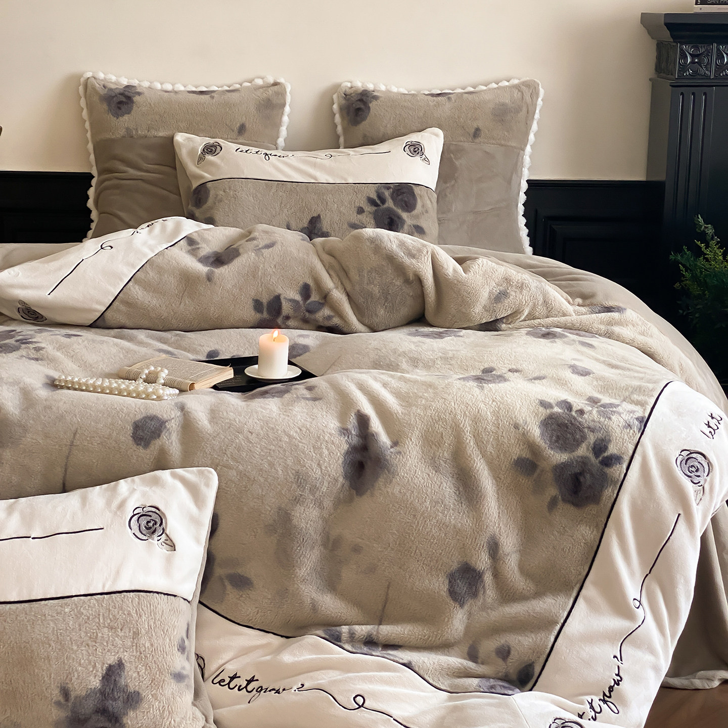 法式复古毛绒四件套冬季牛奶绒加厚保暖玫瑰刺绣被套床单床上用品,床上用品,床品套件/四件套/多件套,淘宝优惠券,粉丝福利购,淘宝优惠卷