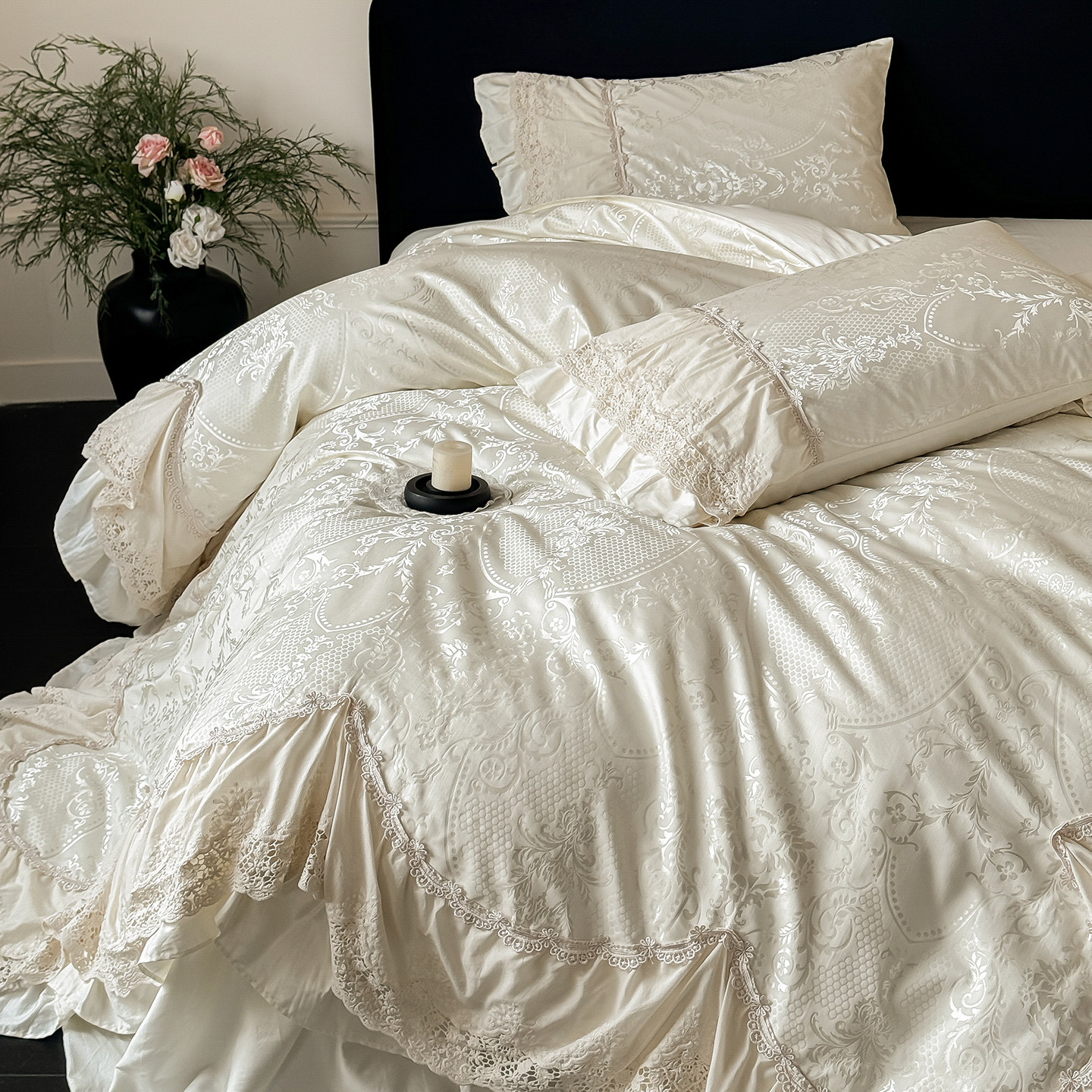 法式浪漫全棉贡缎提花长绒棉四件套纯棉床裙款床单蕾丝边被套床品