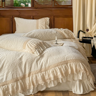 法式浪漫荷叶边牛奶绒四件套冬季珊瑚绒保暖白色雕花被套床上用品