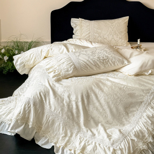 法式 蕾丝边提花被套床品 浪漫全棉贡缎长绒棉四件套纯棉床单床裙款