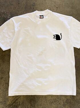 ZELIA 230g美式复古黑色小猫可爱文艺情侣款短袖体恤男女可穿重磅