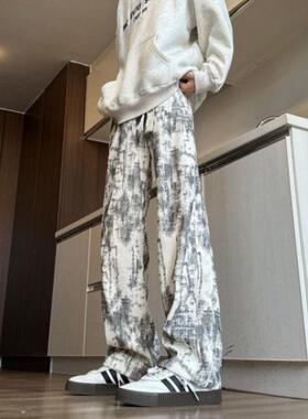 ZELIA 腿粗男生裤子宽松BF慵懒风春秋季白色扎染阔腿裤美式复古直