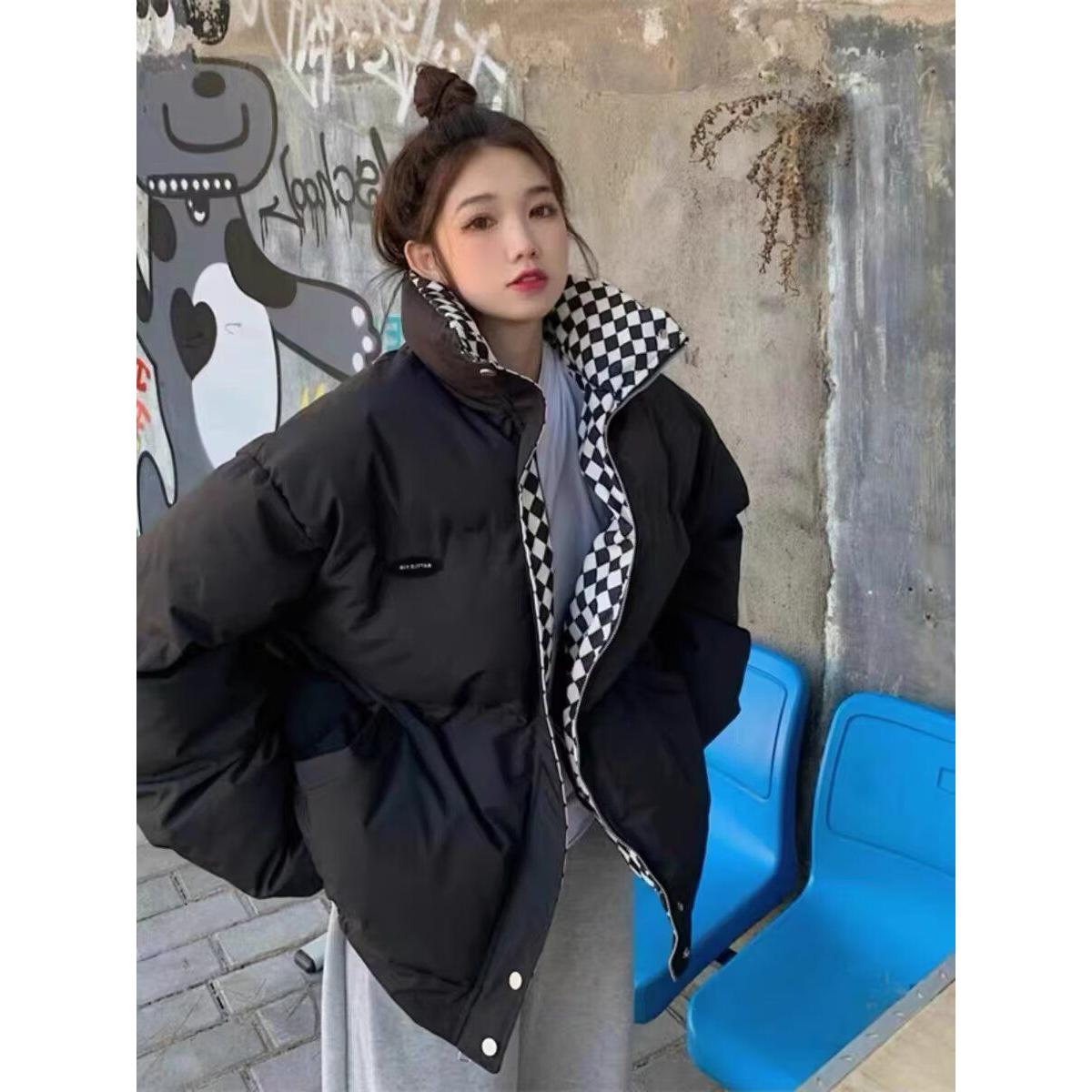 ZELIA 棋盘格棉衣外套女冬复古港风加厚宽松面包服2025设计感原宿