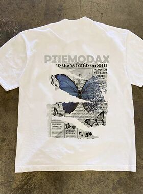 ZELIA 白色复古蓝蝴蝶报纸字母印花T恤男ins痞帅炸街230G重磅短袖