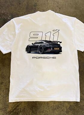 ZELIA 重磅230g复古白色美式潮牌轻奢跑车短袖男士夏季休闲宽松圆