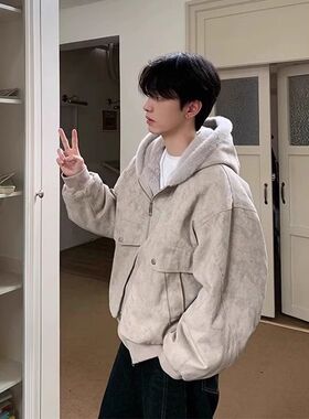 ZELIA 加绒连帽棉衣男冬季cleanfit大理石纹座山雕外套宽松保暖夹