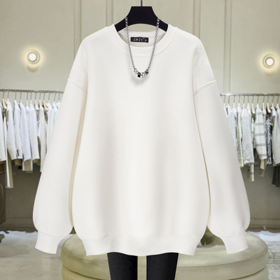 白色圆领卫衣女加绒2025新款春秋冬季薄款慵懒风宽松中长款遮屁股