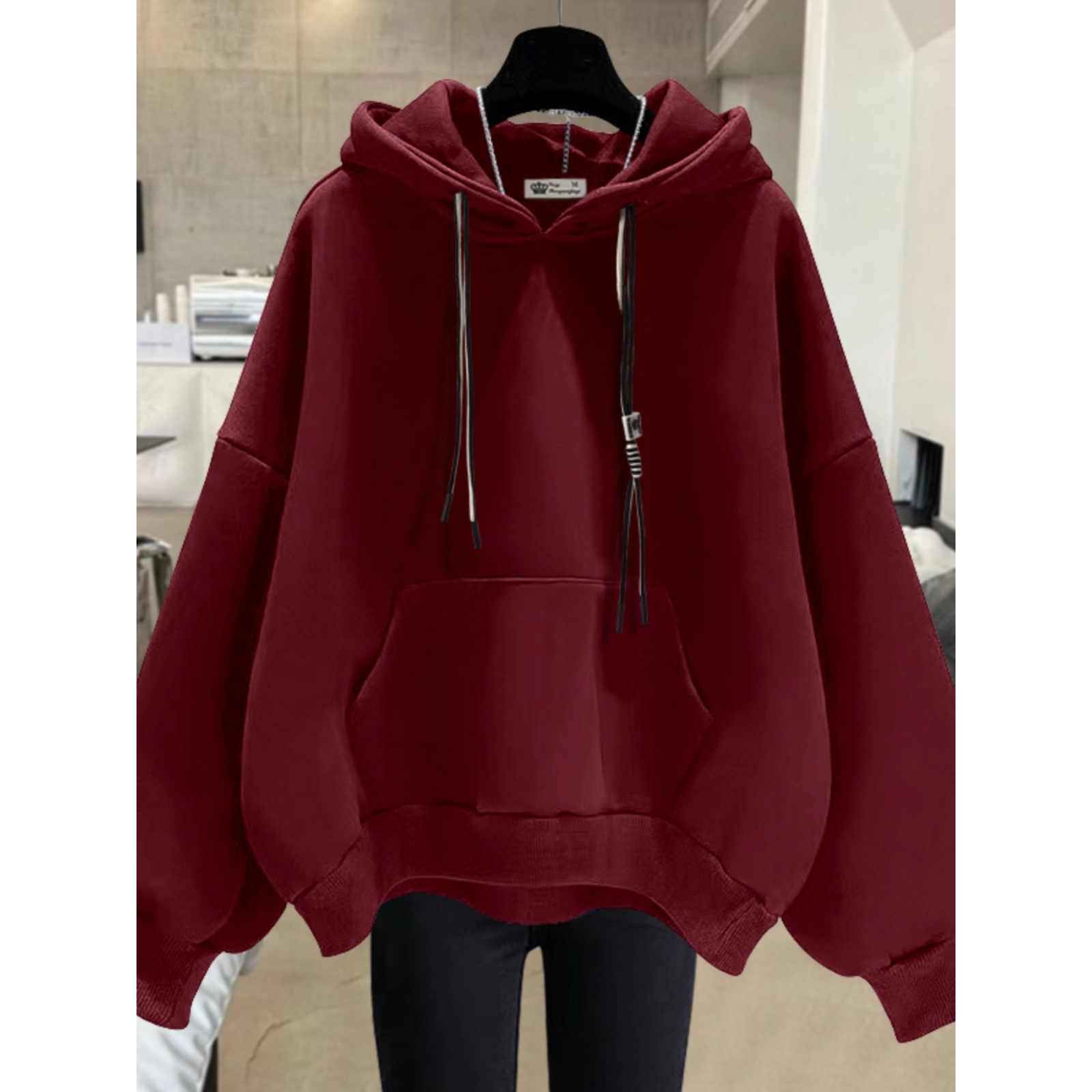 连帽上衣薄款2025春秋冬季宽松韩版美式带帽酒红色外套加绒女卫衣
