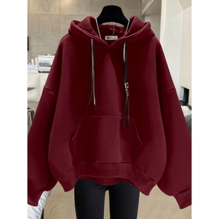 美式 宽松韩版 带帽酒红色外套加绒女卫衣 2025春秋冬季 连帽上衣薄款
