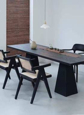 实木餐桌黑色白蜡木简约现代家用工作台长方形茶桌诧寂风大班桌