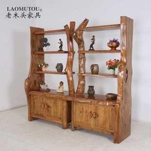 香樟木家具原生态博古架创意原木置物架简约木质书架门厅隔断柜