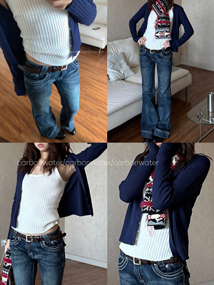 Carbon Water藏青色开衫针织衫女秋冬内搭叠穿吊带背心百搭两件套