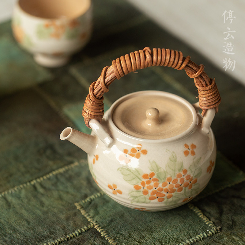 停云造物 景德镇原创手绘桂花化妆土粉引提梁壶茶杯盖碗公道手握
