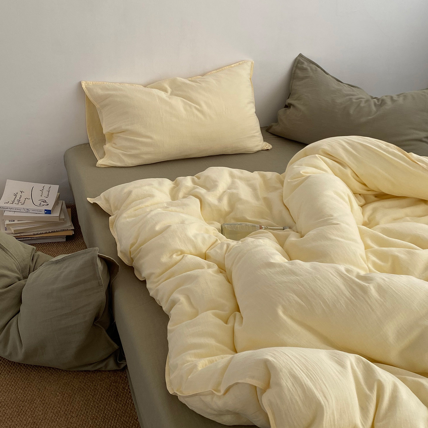 素尺ins芝士奶黄色A类纯棉双层纱四件套全棉纯色简约超柔裸睡被套