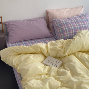 ins博主风全棉水洗棉撞色纯棉床上四件套纯色格子床单被套床笠款