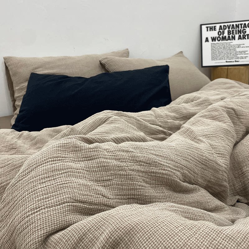 未麻的布屋/日式A类侘寂风棕榈色三层纱布轻薄透气全棉床单四件套