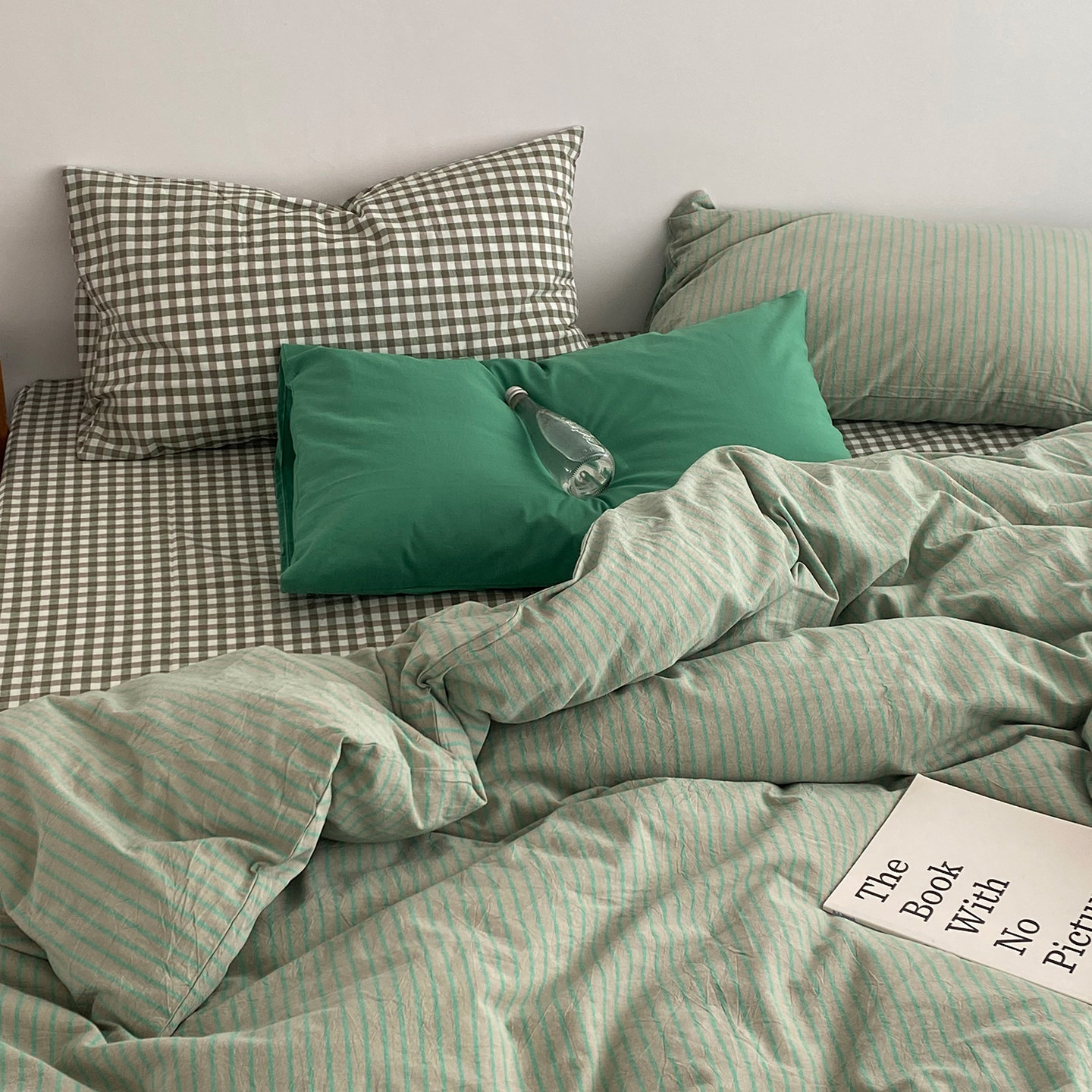 ins风博主款全棉水洗棉撞色纯棉床上四件套纯色格子床单被套床笠