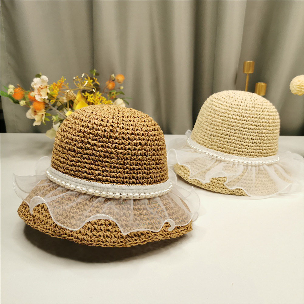 韩版小清新蕾丝网纱珍珠钩针帽可折叠草帽透气渔夫帽可爱水桶帽女