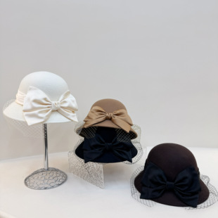 羊毛呢渔夫帽女秋冬赫本风礼帽优雅气质法式网纱蝴蝶结保暖盆帽潮
